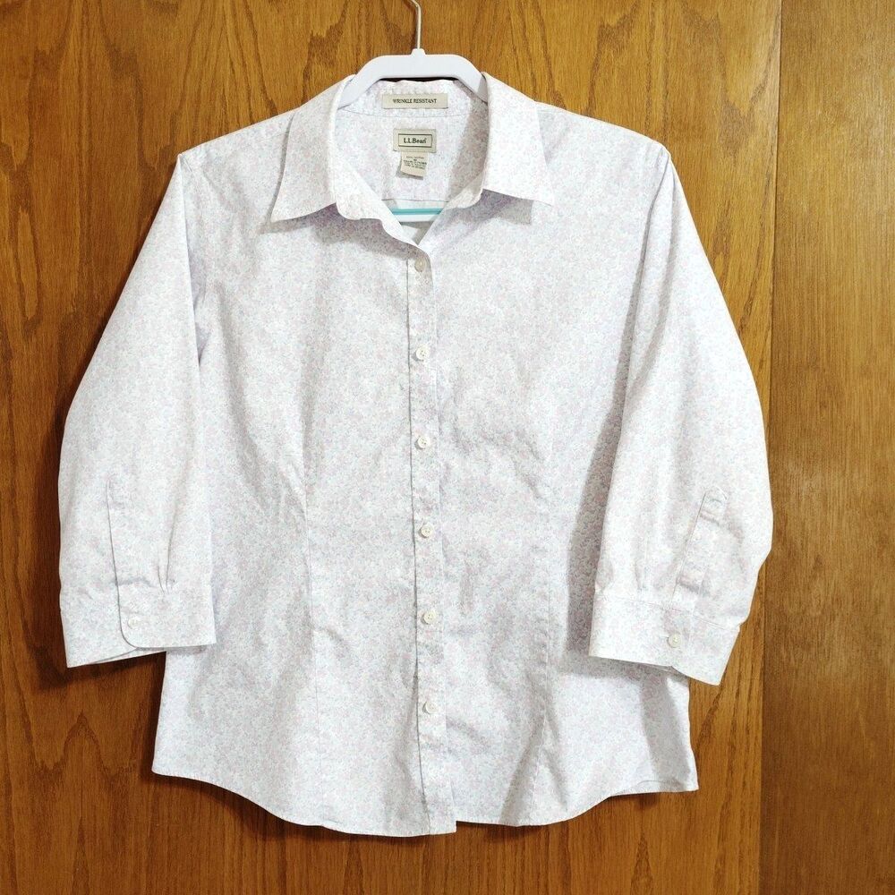 LL BEAN Womens Medium White Floral Wrinkle Resistant Shirt 3/4 Sleeve Button Up
